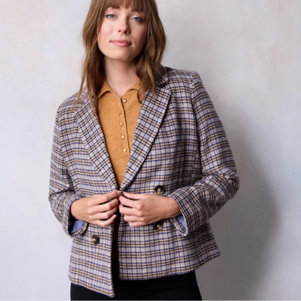 LC Lauren Conrad women’s NWT Double Breasted Notch plaid checked Collar Blazer - Picture 1 of 13